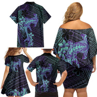 Purple Paradise Hawaii Family Matching Off Shoulder Short Dress and Hawaiian Shirt Hammerhead Shark Tattoo Curve Polynesian - Polynesian Pride
