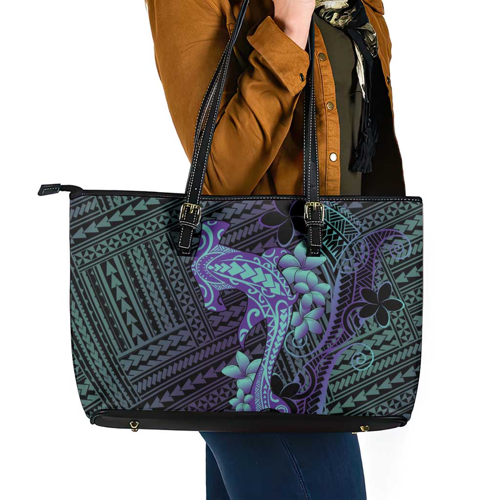 Purple Paradise Hawaii Leather Tote Bag Hammerhead Shark Tattoo Curve Polynesian - Polynesian Pride