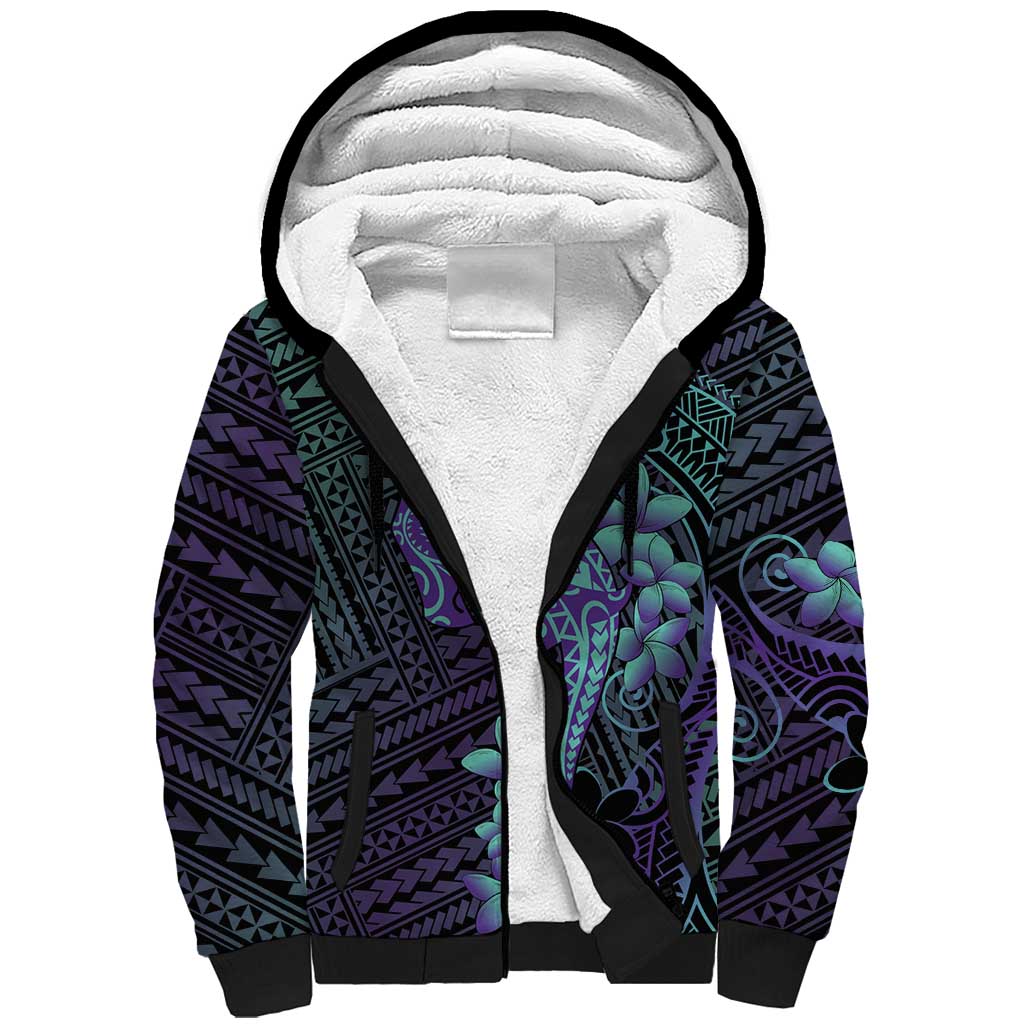 Purple Paradise Hawaii Sherpa Hoodie Hammerhead Shark Tattoo Curve Polynesian - Polynesian Pride