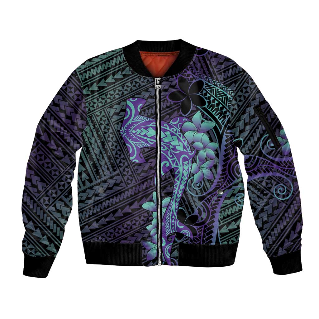 Purple Paradise Hawaii Sleeve Zip Bomber Jacket Hammerhead Shark Tattoo Curve Polynesian - Polynesian Pride