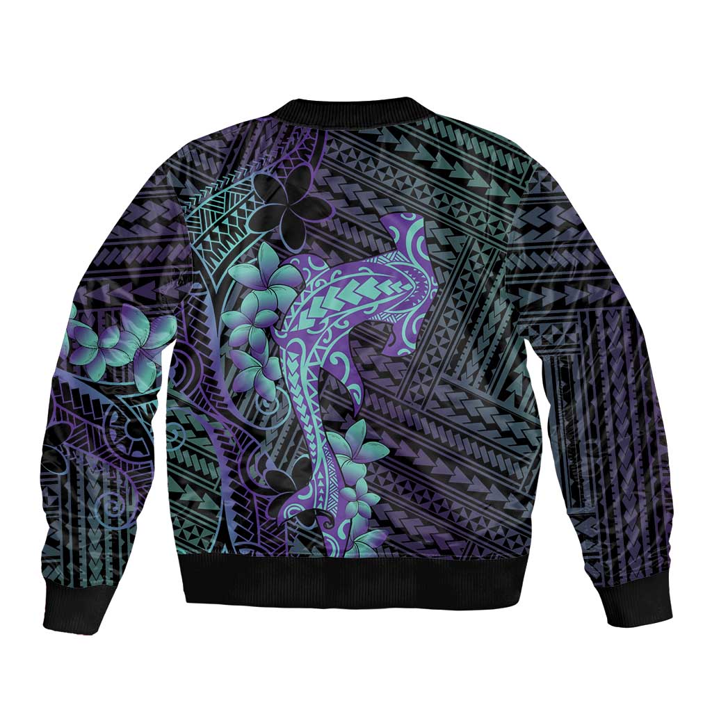 Purple Paradise Hawaii Sleeve Zip Bomber Jacket Hammerhead Shark Tattoo Curve Polynesian - Polynesian Pride