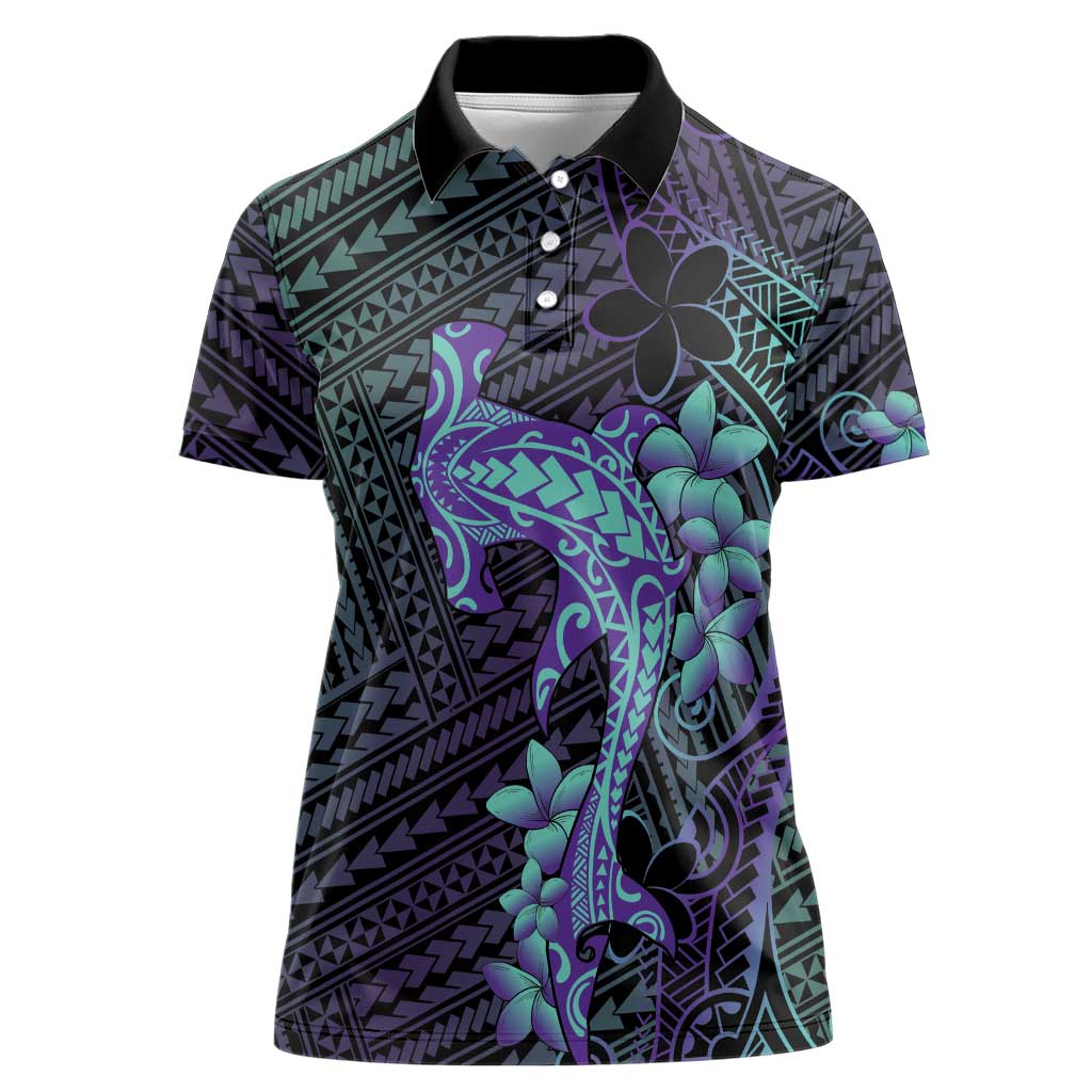 Purple Paradise Hawaii Women Polo Shirt Hammerhead Shark Tattoo Curve Polynesian - Polynesian Pride