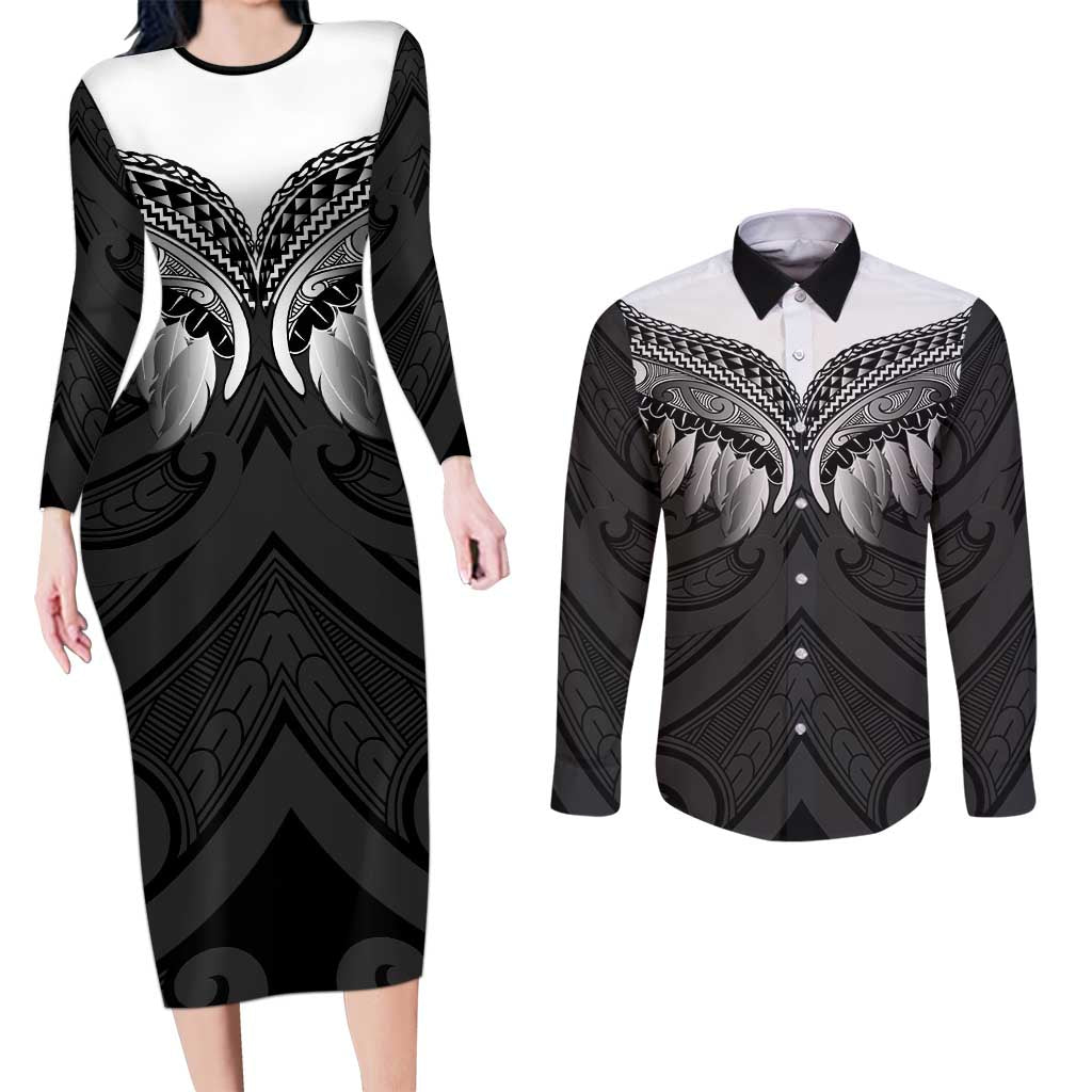 Poutama Korowai New Zealand Couples Matching Long Sleeve Bodycon Dress and Long Sleeve Button Shirt Aotearoa Maori Tattoo - Polynesian Pride