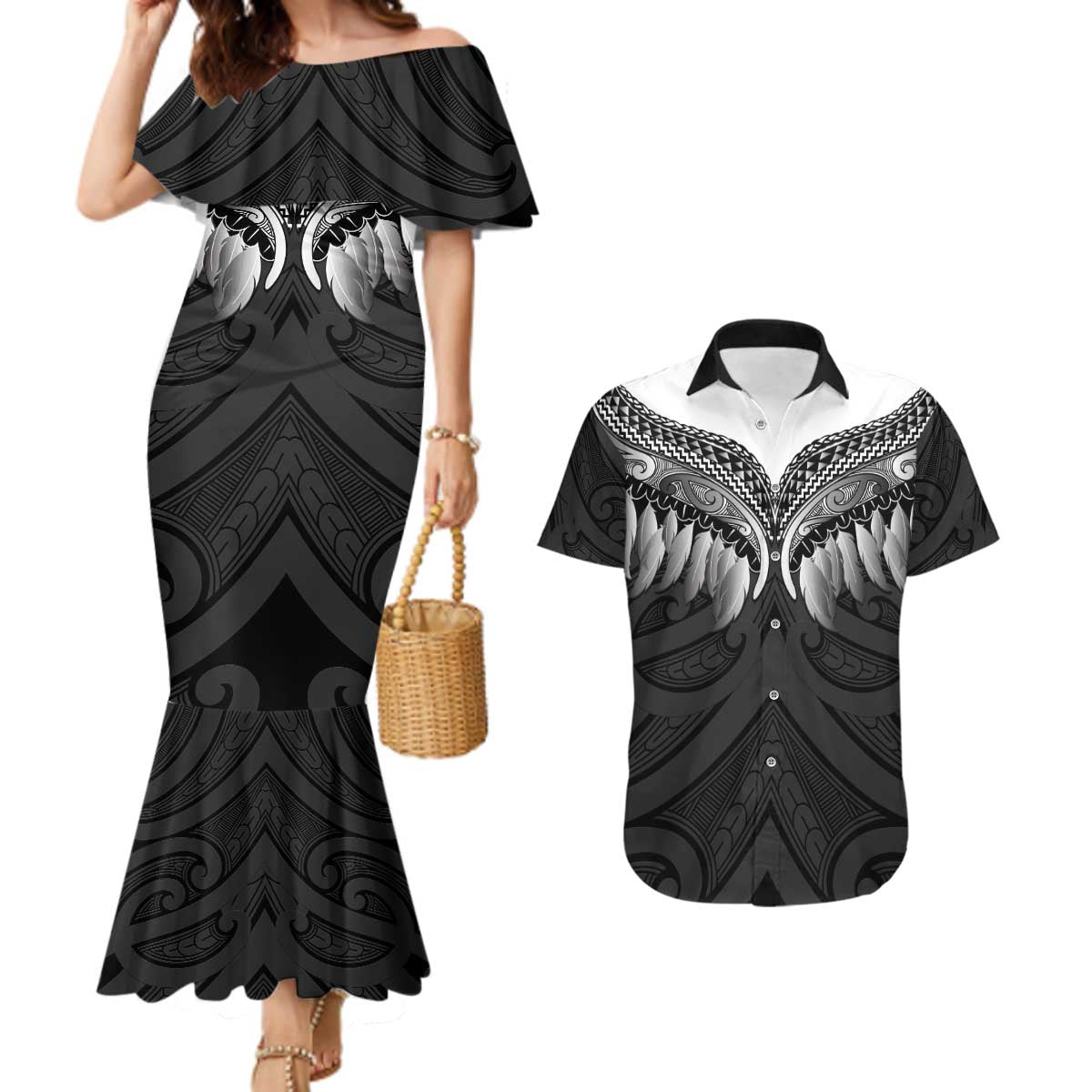 Poutama Korowai New Zealand Couples Matching Mermaid Dress and Hawaiian Shirt Aotearoa Maori Tattoo - Polynesian Pride