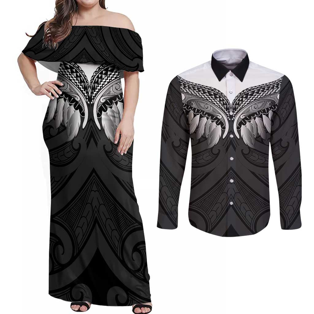 Poutama Korowai New Zealand Couples Matching Off Shoulder Maxi Dress and Long Sleeve Button Shirt Aotearoa Maori Tattoo - Polynesian Pride