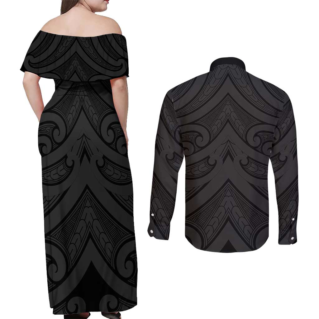 Poutama Korowai New Zealand Couples Matching Off Shoulder Maxi Dress and Long Sleeve Button Shirt Aotearoa Maori Tattoo LT14 - Polynesian Pride