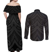 Poutama Korowai New Zealand Couples Matching Off Shoulder Maxi Dress and Long Sleeve Button Shirt Aotearoa Maori Tattoo LT14 - Polynesian Pride