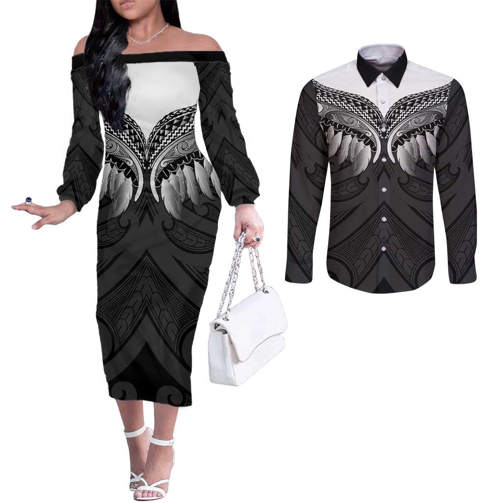 Poutama Korowai New Zealand Couples Matching Off The Shoulder Long Sleeve Dress and Long Sleeve Button Shirt Aotearoa Maori Tattoo - Polynesian Pride
