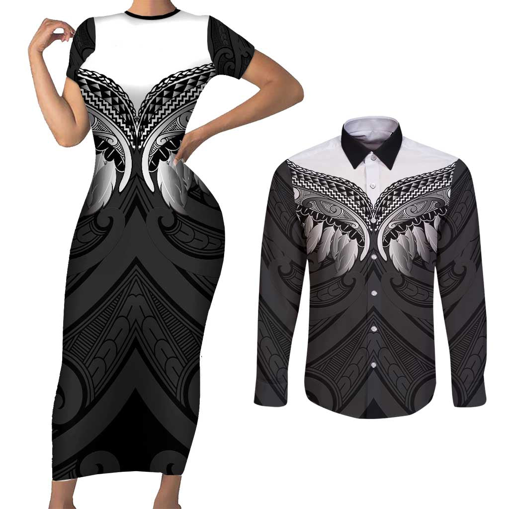 Poutama Korowai New Zealand Couples Matching Short Sleeve Bodycon Dress and Long Sleeve Button Shirt Aotearoa Maori Tattoo - Polynesian Pride