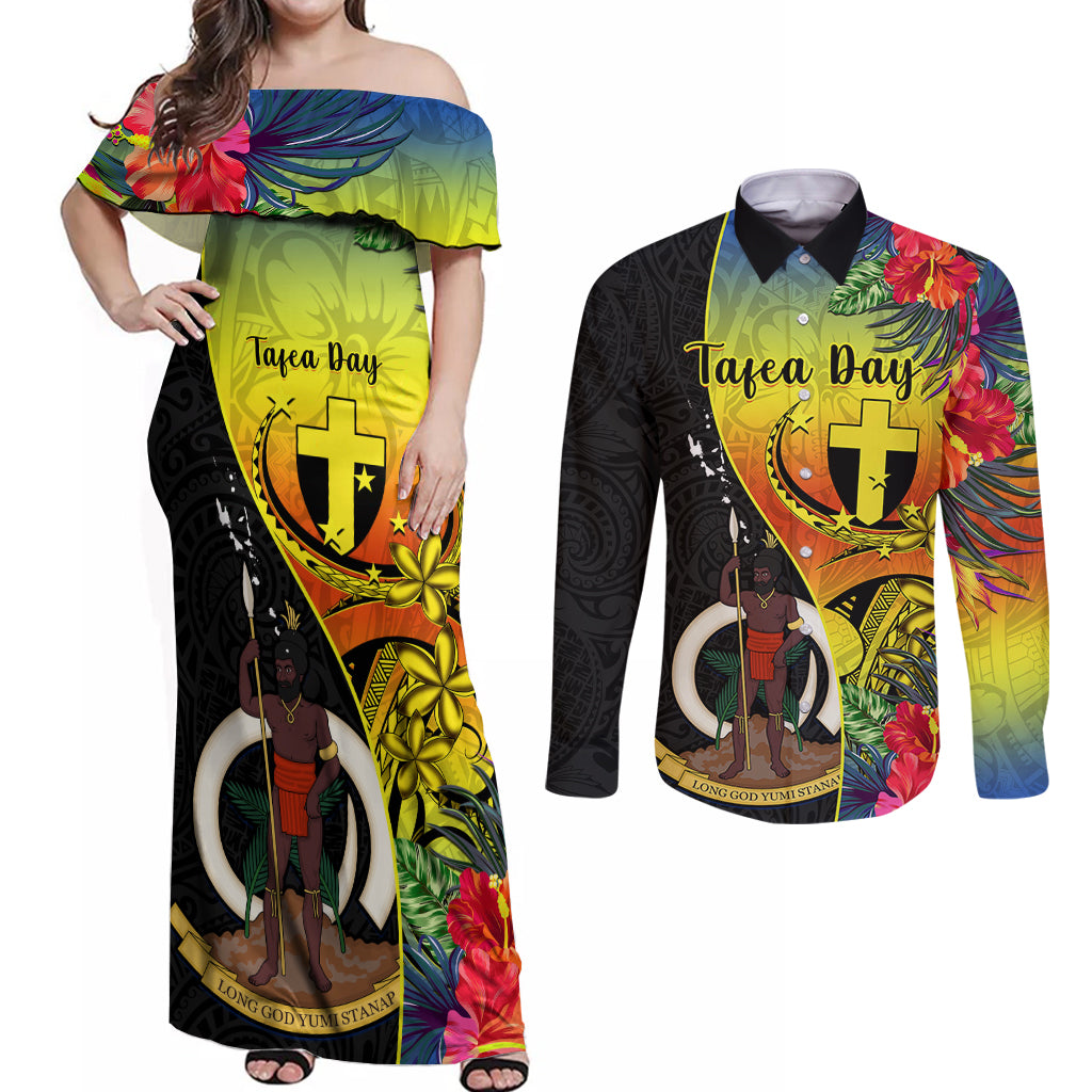 vanuatu-tafea-day-couples-matching-off-shoulder-maxi-dress-and-long-sleeve-button-shirts-coat-of-arms-mix-tropical-flowers