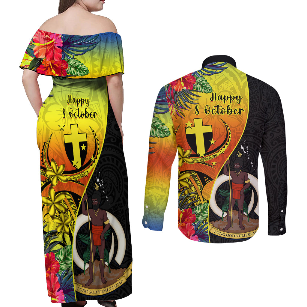 vanuatu-tafea-day-couples-matching-off-shoulder-maxi-dress-and-long-sleeve-button-shirts-coat-of-arms-mix-tropical-flowers