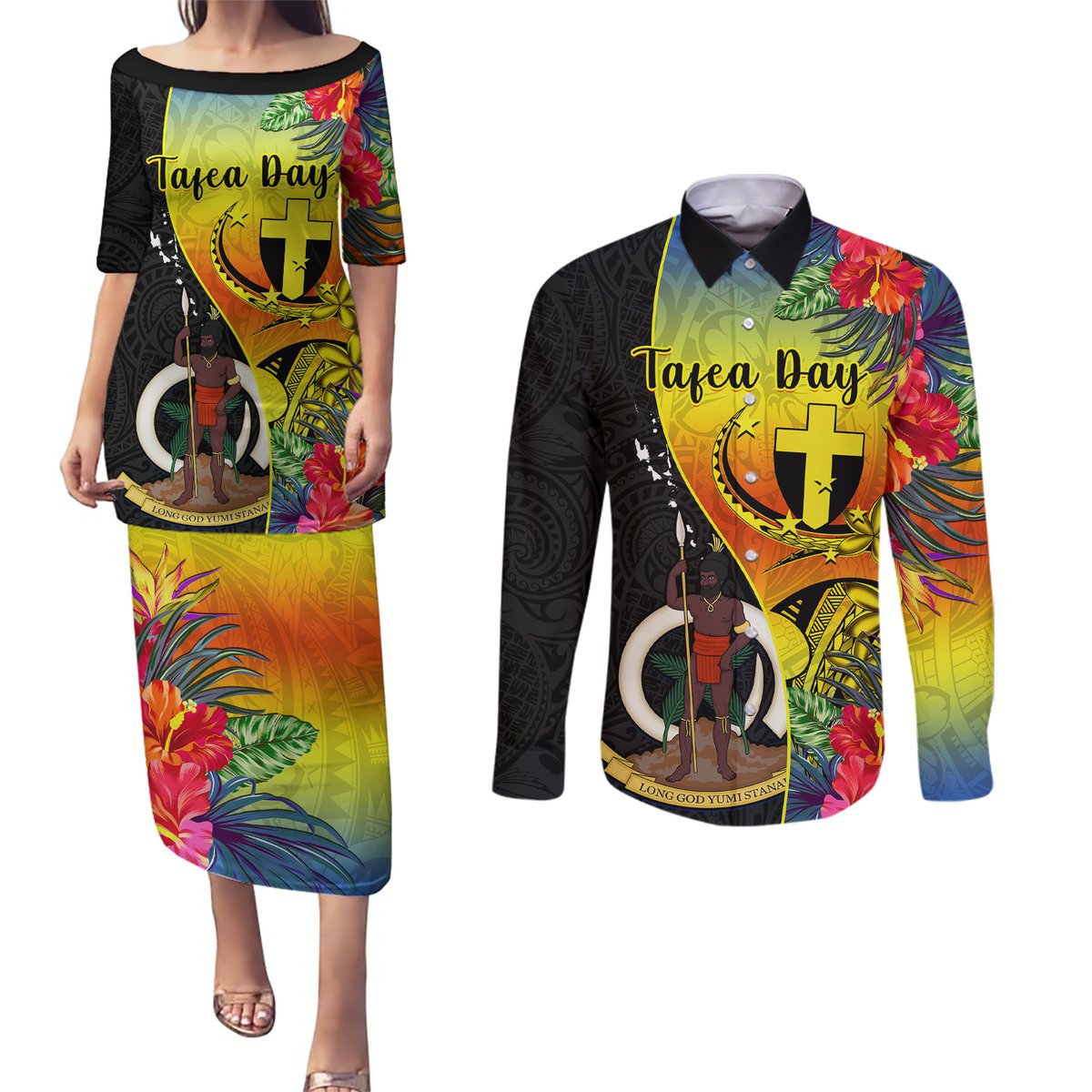 Vanuatu Tafea Day Couples Matching Puletasi Dress and Long Sleeve Button Shirts Coat Of Arms Mix Tropical Flowers LT14 Black - Polynesian Pride
