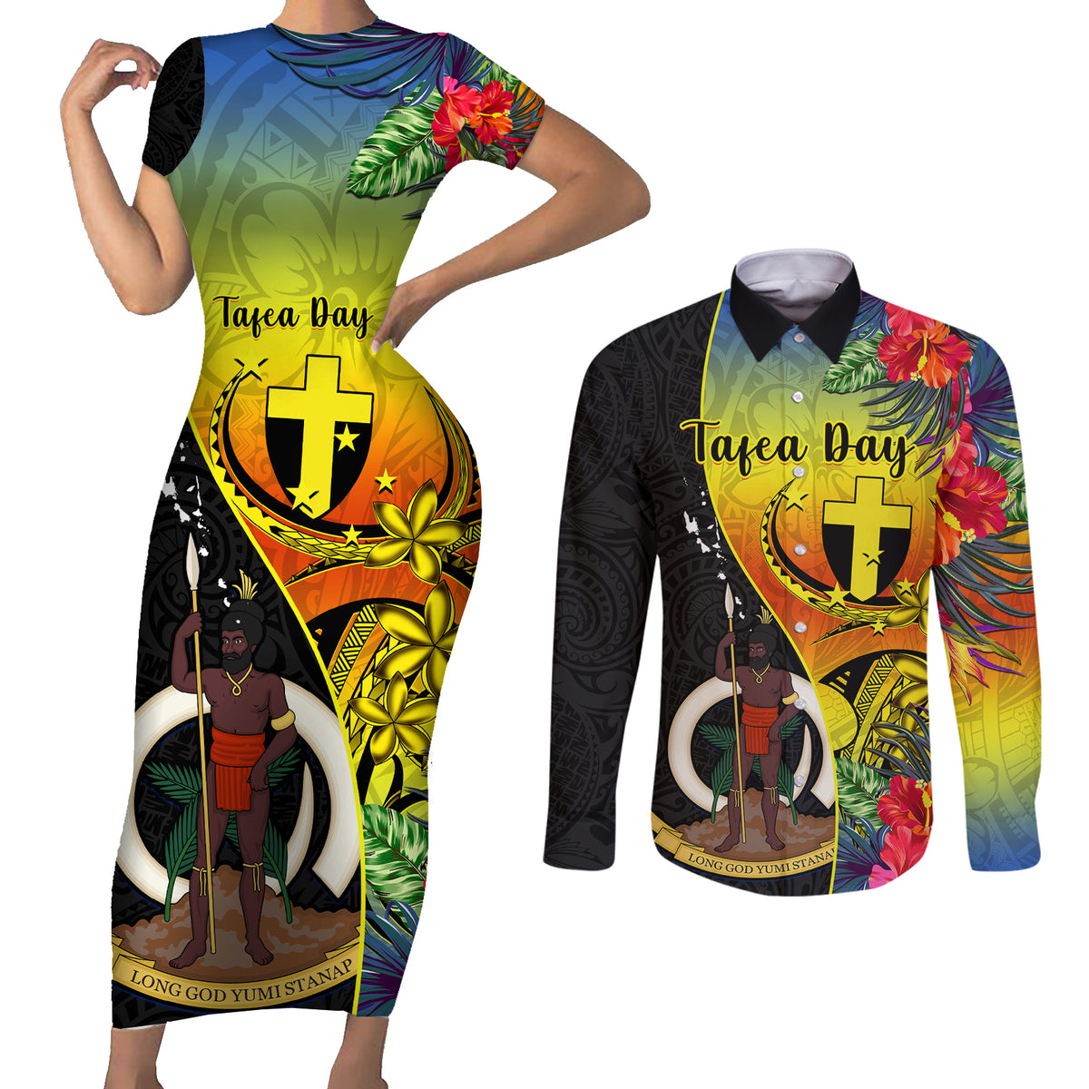 Vanuatu Tafea Day Couples Matching Short Sleeve Bodycon Dress and Long Sleeve Button Shirts Coat Of Arms Mix Tropical Flowers LT14 Black - Polynesian Pride