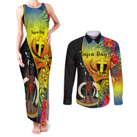 Vanuatu Tafea Day Couples Matching Tank Maxi Dress and Long Sleeve Button Shirts Coat Of Arms Mix Tropical Flowers LT14 Black - Polynesian Pride