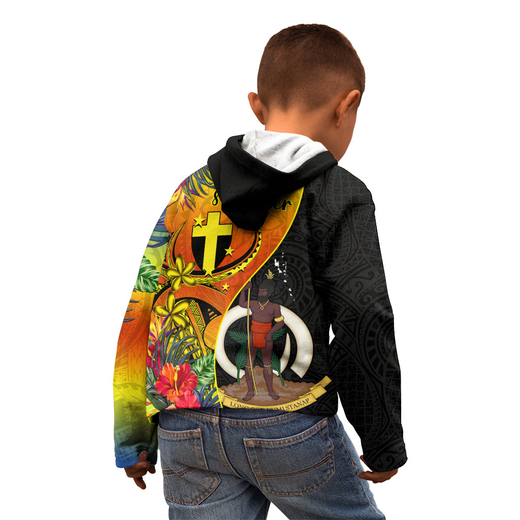 Vanuatu Tafea Day Kid Hoodie Coat Of Arms Mix Tropical Flowers LT14 - Polynesian Pride