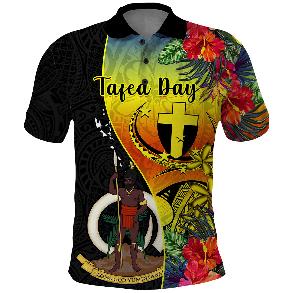Vanuatu Tafea Day Polo Shirt Coat Of Arms Mix Tropical Flowers LT14 Black - Polynesian Pride