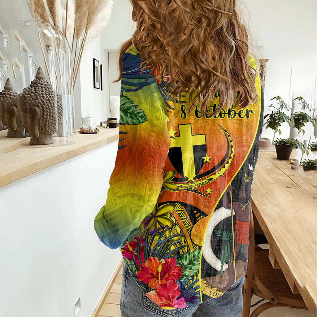Vanuatu Tafea Day Women Casual Shirt Coat Of Arms Mix Tropical Flowers LT14 - Polynesian Pride