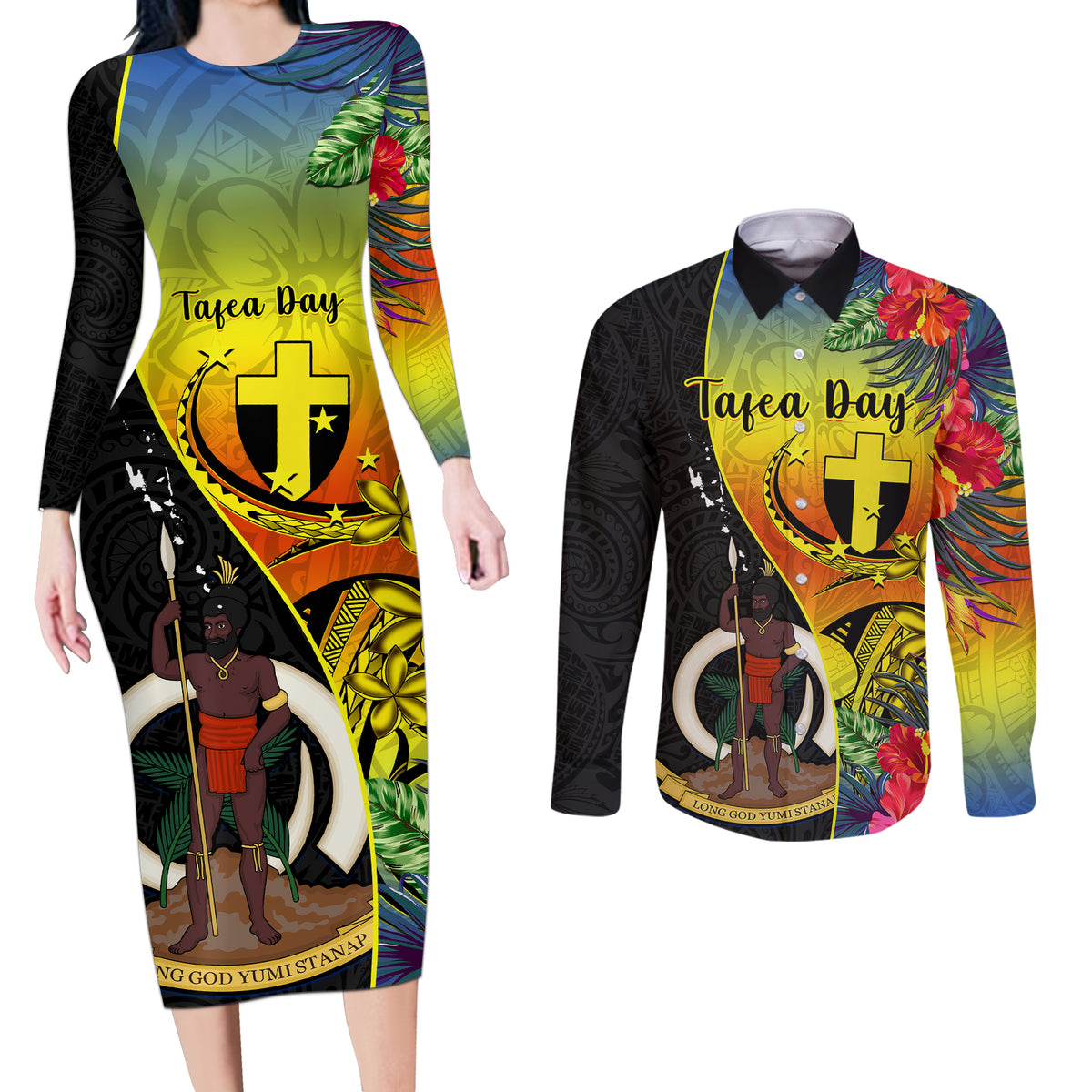 Personalised Vanuatu Tafea Day Couples Matching Long Sleeve Bodycon Dress and Long Sleeve Button Shirts Coat Of Arms Mix Tropical Flowers LT14 Black - Polynesian Pride