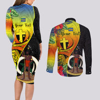 Personalised Vanuatu Tafea Day Couples Matching Long Sleeve Bodycon Dress and Long Sleeve Button Shirts Coat Of Arms Mix Tropical Flowers LT14 - Polynesian Pride