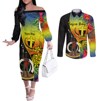 Personalised Vanuatu Tafea Day Couples Matching Off The Shoulder Long Sleeve Dress and Long Sleeve Button Shirts Coat Of Arms Mix Tropical Flowers LT14 Black - Polynesian Pride