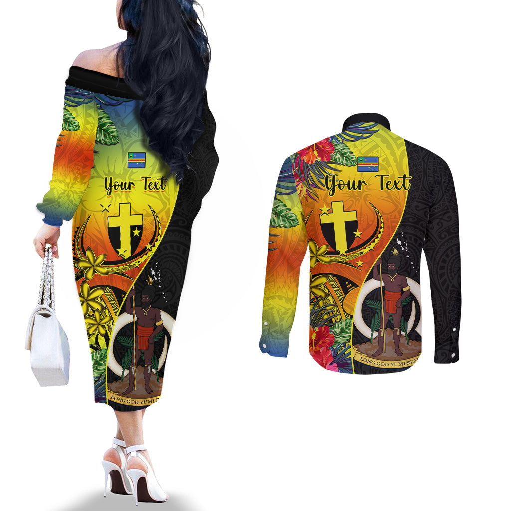 Personalised Vanuatu Tafea Day Couples Matching Off The Shoulder Long Sleeve Dress and Long Sleeve Button Shirts Coat Of Arms Mix Tropical Flowers LT14 - Polynesian Pride