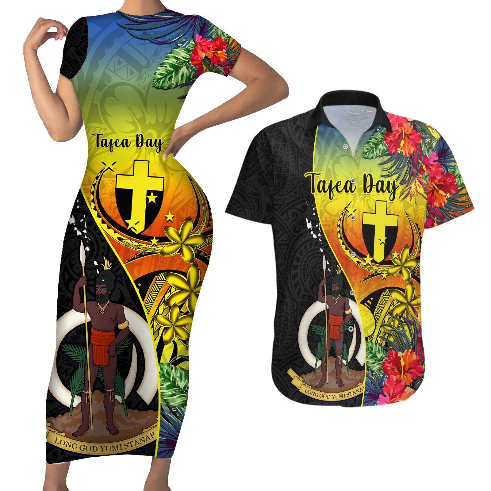 personalised-vanuatu-tafea-day-couples-matching-short-sleeve-bodycon-dress-and-hawaiian-shirt-coat-of-arms-mix-tropical-flowers