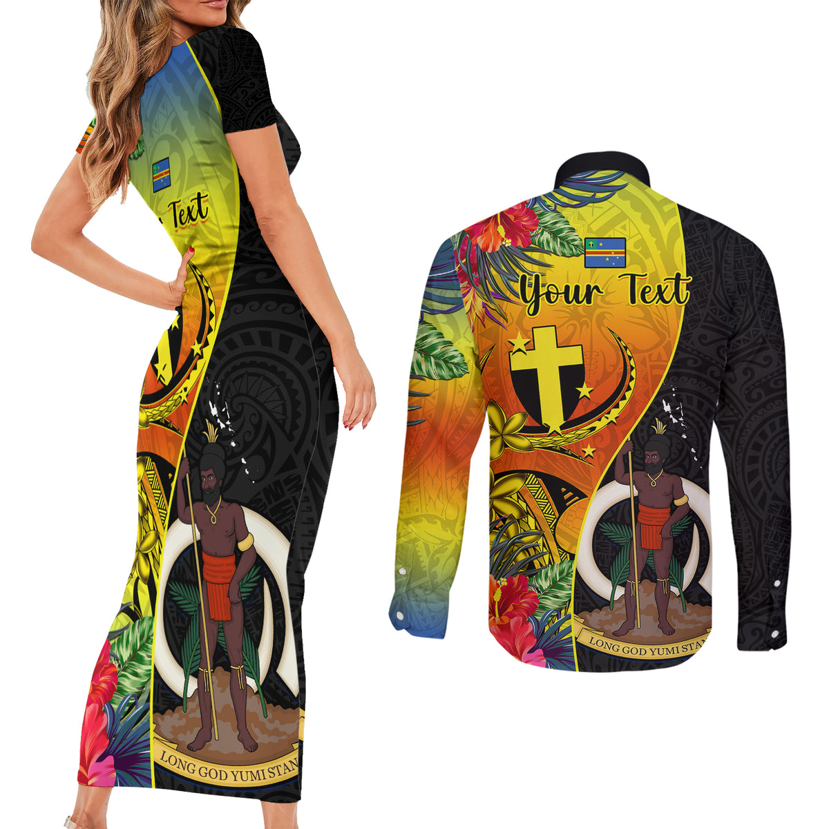 Personalised Vanuatu Tafea Day Couples Matching Short Sleeve Bodycon Dress and Long Sleeve Button Shirts Coat Of Arms Mix Tropical Flowers LT14 - Polynesian Pride