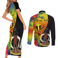 Personalised Vanuatu Tafea Day Couples Matching Short Sleeve Bodycon Dress and Long Sleeve Button Shirts Coat Of Arms Mix Tropical Flowers LT14 - Polynesian Pride