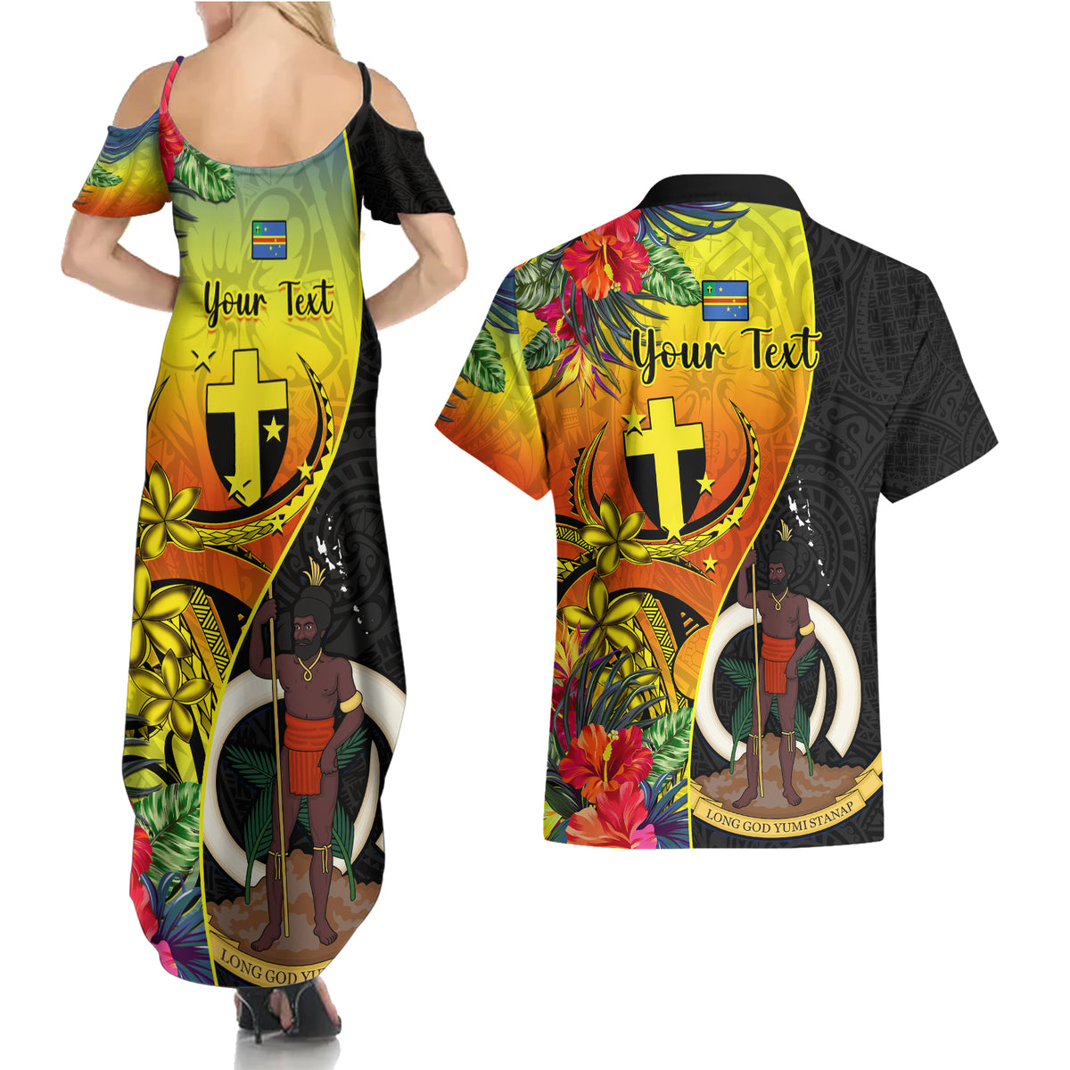 personalised-vanuatu-tafea-day-couples-matching-summer-maxi-dress-and-hawaiian-shirt-coat-of-arms-mix-tropical-flowers