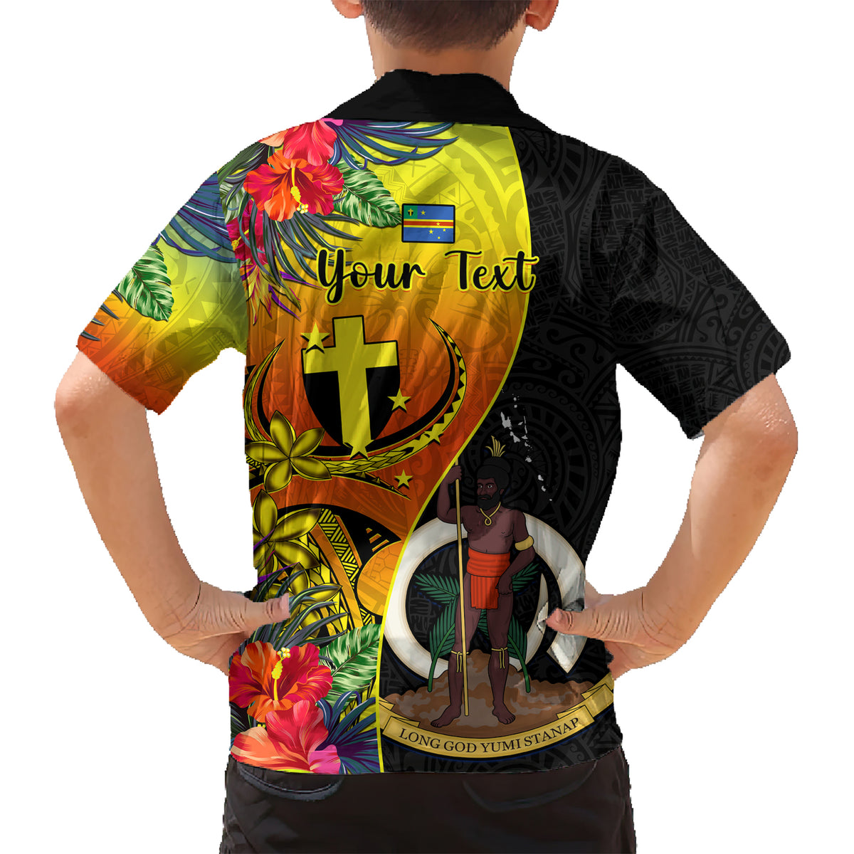 personalised-vanuatu-tafea-day-family-matching-short-sleeve-bodycon-dress-and-hawaiian-shirt-coat-of-arms-mix-tropical-flowers