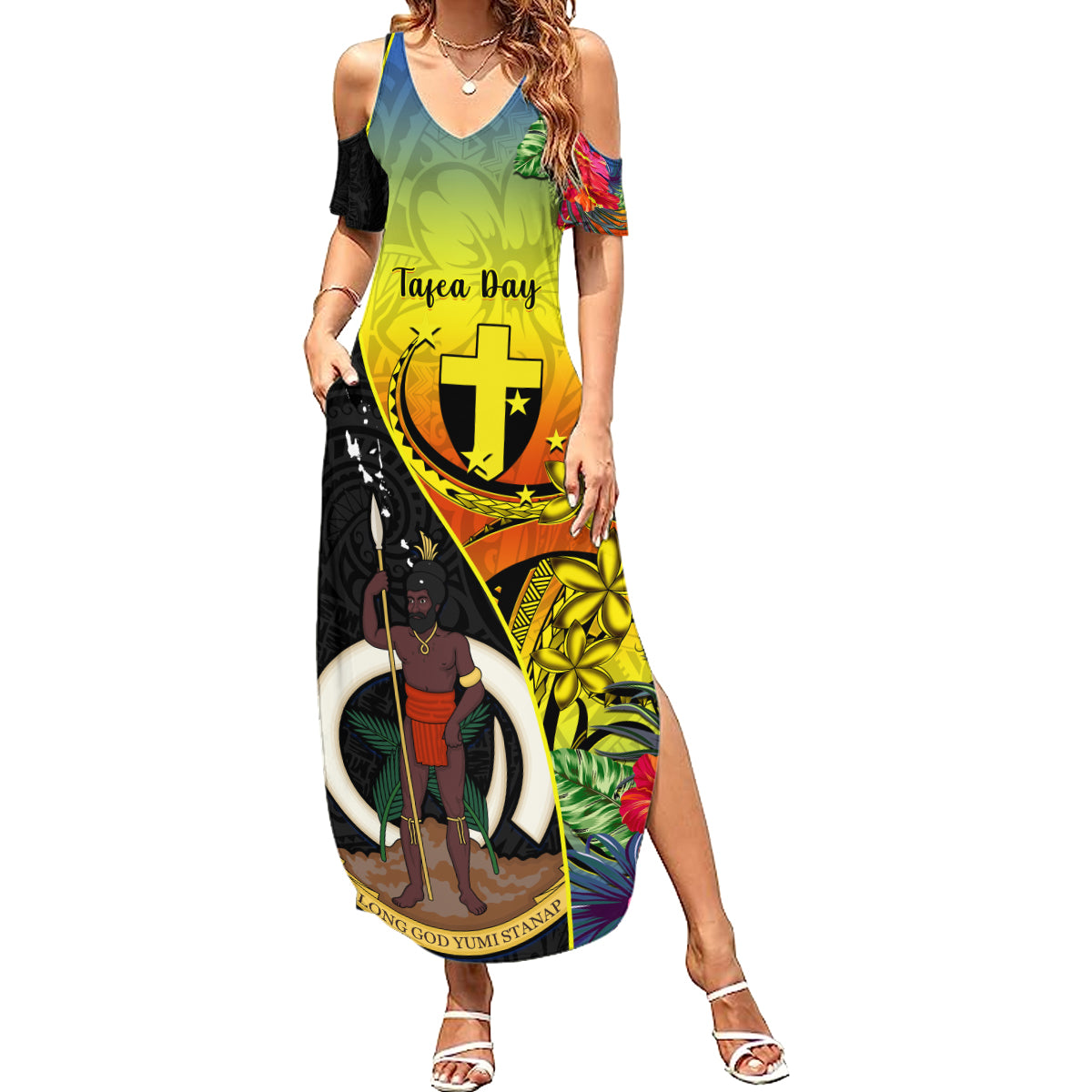 personalised-vanuatu-tafea-day-summer-maxi-dress-coat-of-arms-mix-tropical-flowers