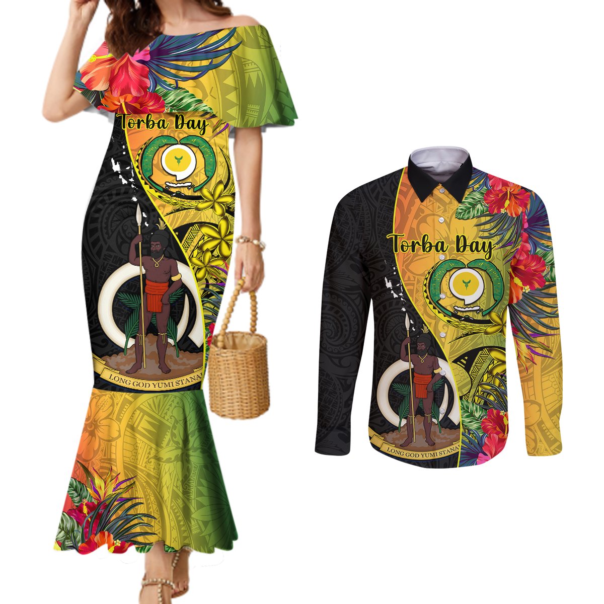 vanuatu-torba-day-couples-matching-mermaid-dress-and-long-sleeve-button-shirts-coat-of-arms-mix-tropical-flowers