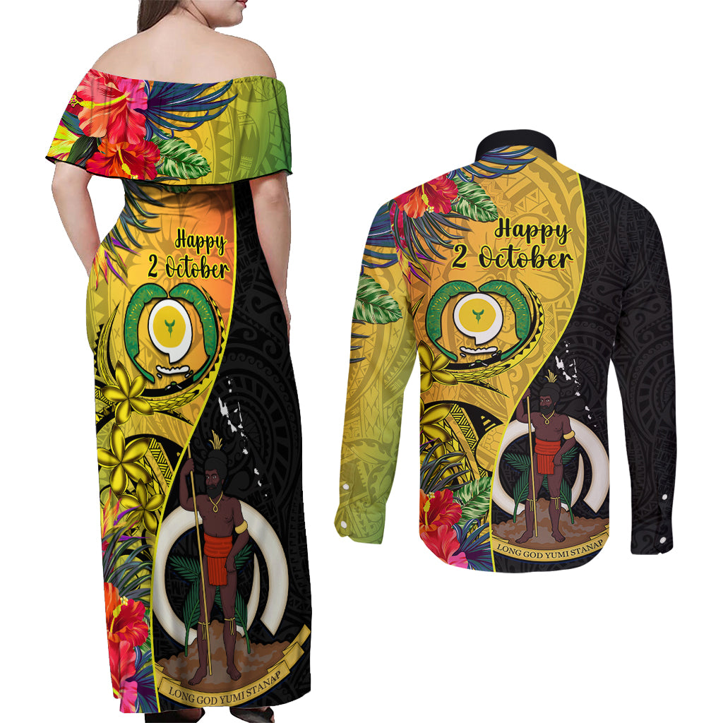 vanuatu-torba-day-couples-matching-off-shoulder-maxi-dress-and-long-sleeve-button-shirts-coat-of-arms-mix-tropical-flowers