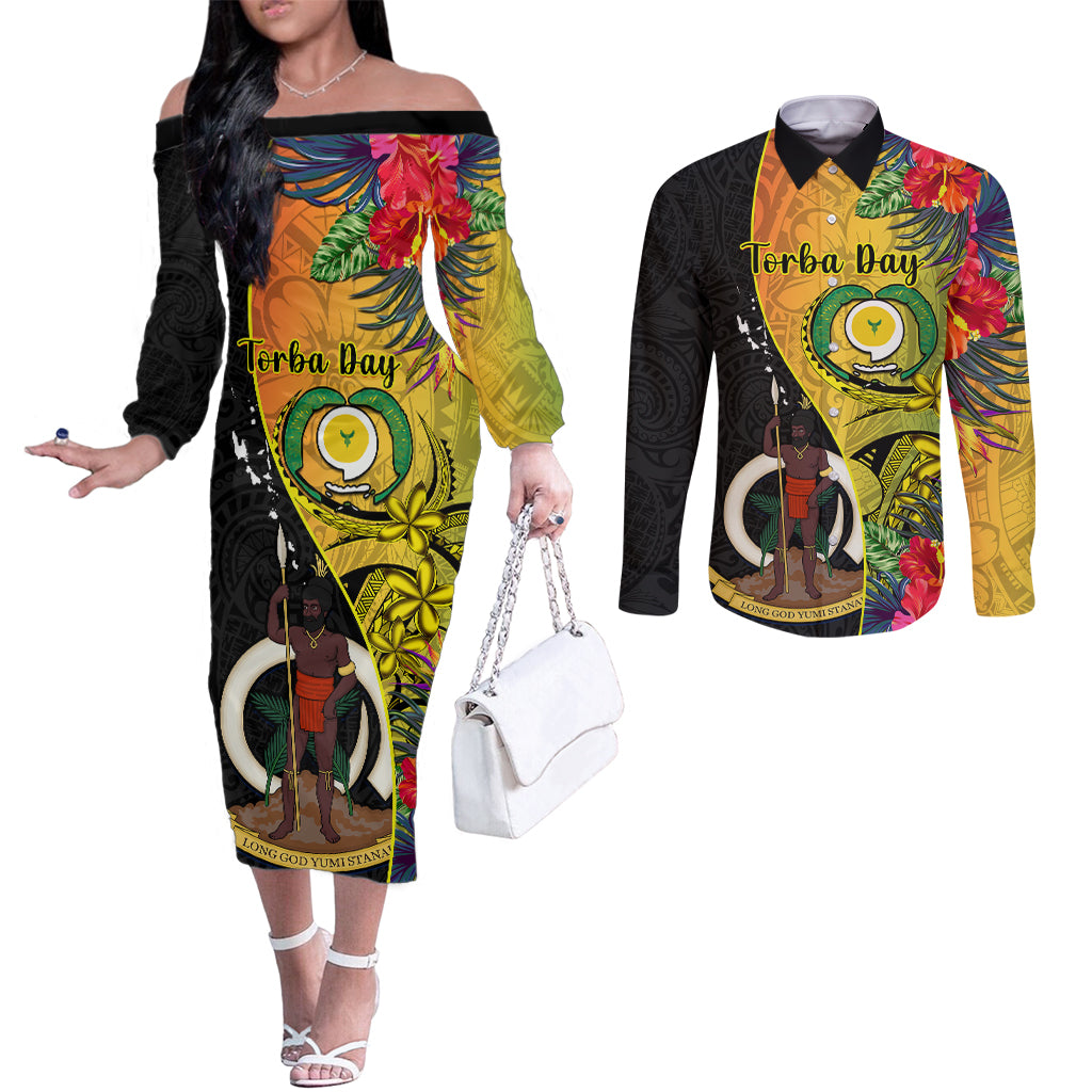 Vanuatu Torba Day Couples Matching Off The Shoulder Long Sleeve Dress and Long Sleeve Button Shirts Coat Of Arms Mix Tropical Flowers LT14 Black - Polynesian Pride