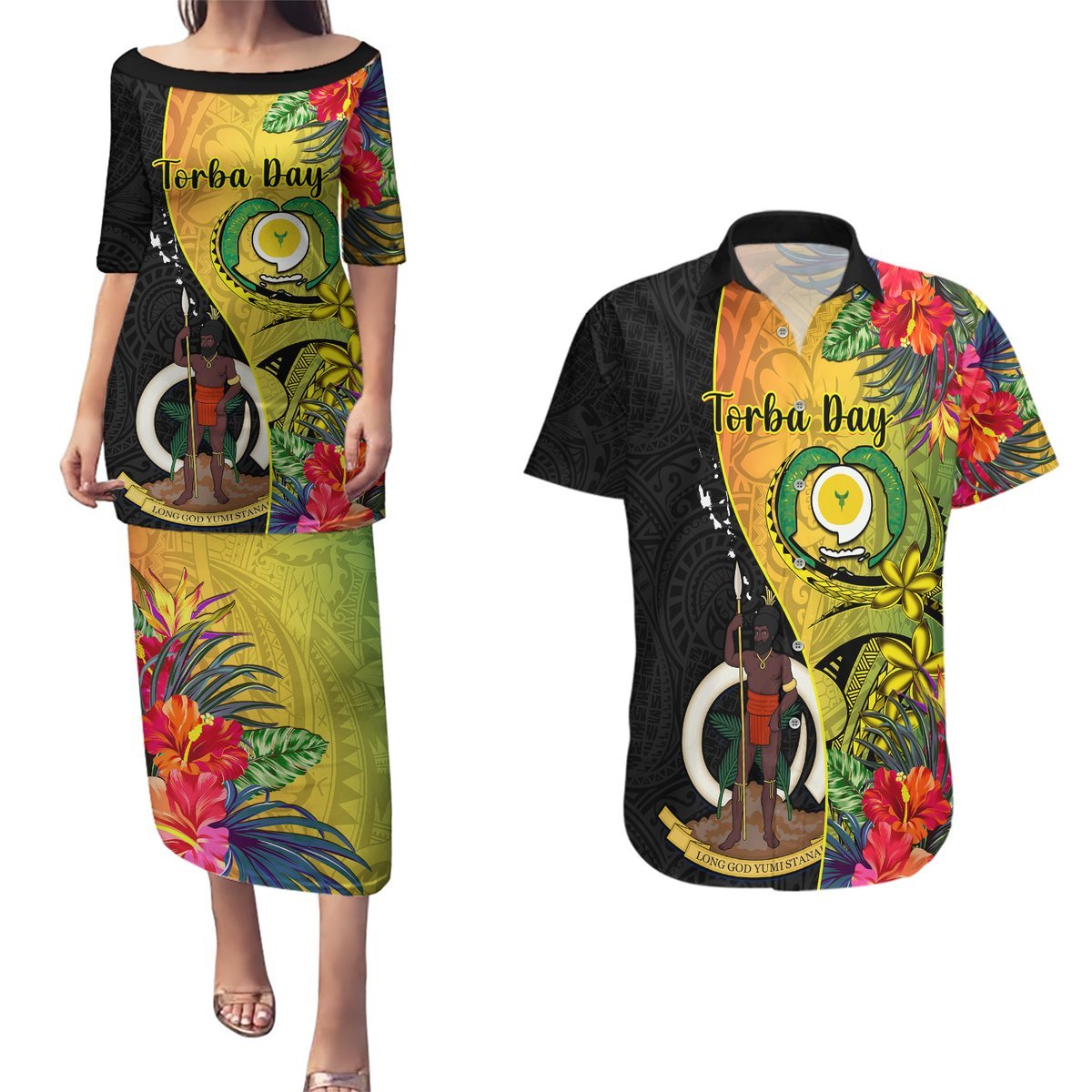 Vanuatu Torba Day Couples Matching Puletasi Dress and Hawaiian Shirt Coat Of Arms Mix Tropical Flowers LT14 Black - Polynesian Pride