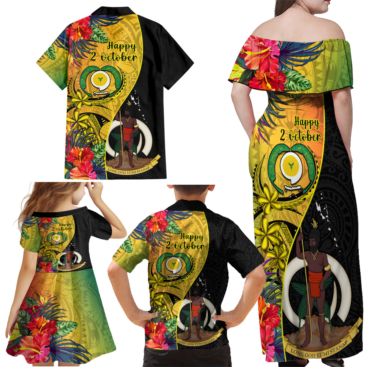 vanuatu-torba-day-family-matching-off-shoulder-maxi-dress-and-hawaiian-shirt-coat-of-arms-mix-tropical-flowers