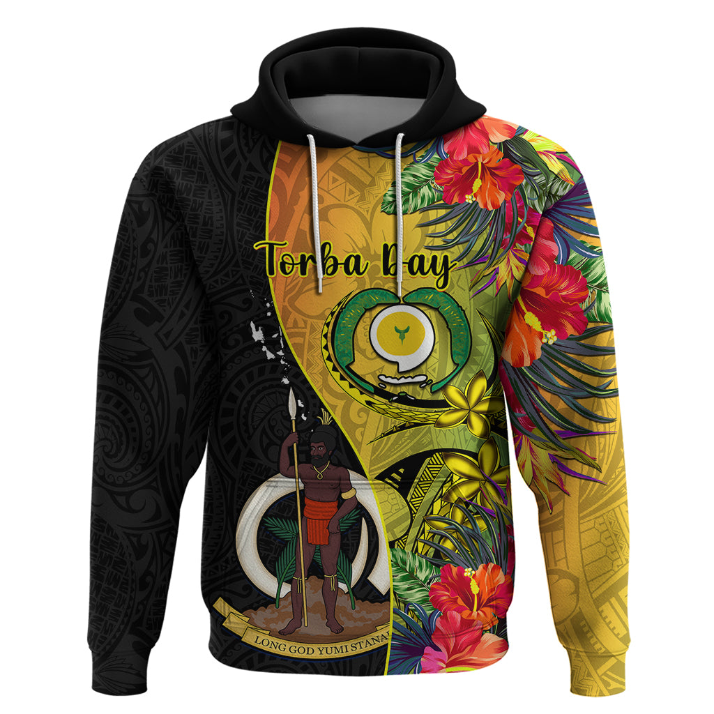 Vanuatu Torba Day Hoodie Coat Of Arms Mix Tropical Flowers LT14 Black - Polynesian Pride