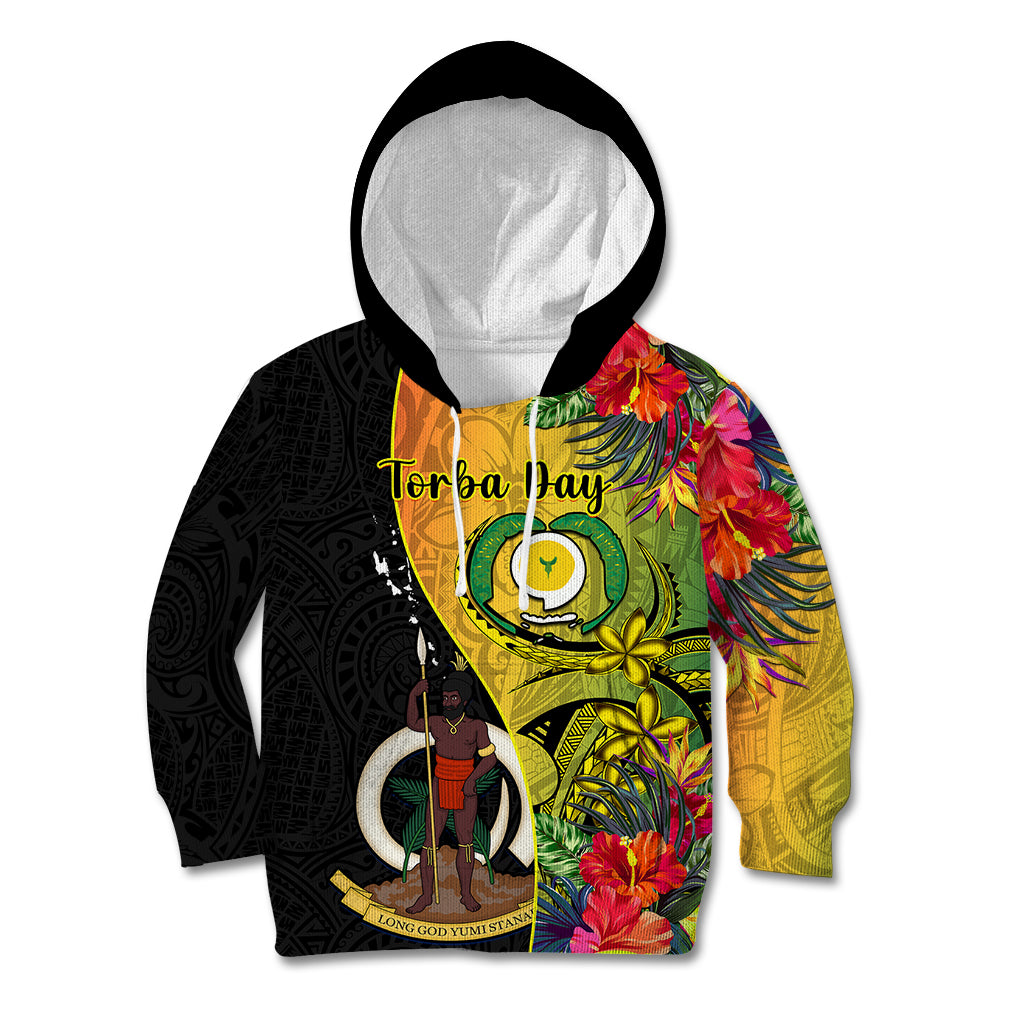 Vanuatu Torba Day Kid Hoodie Coat Of Arms Mix Tropical Flowers LT14 Hoodie Black - Polynesian Pride