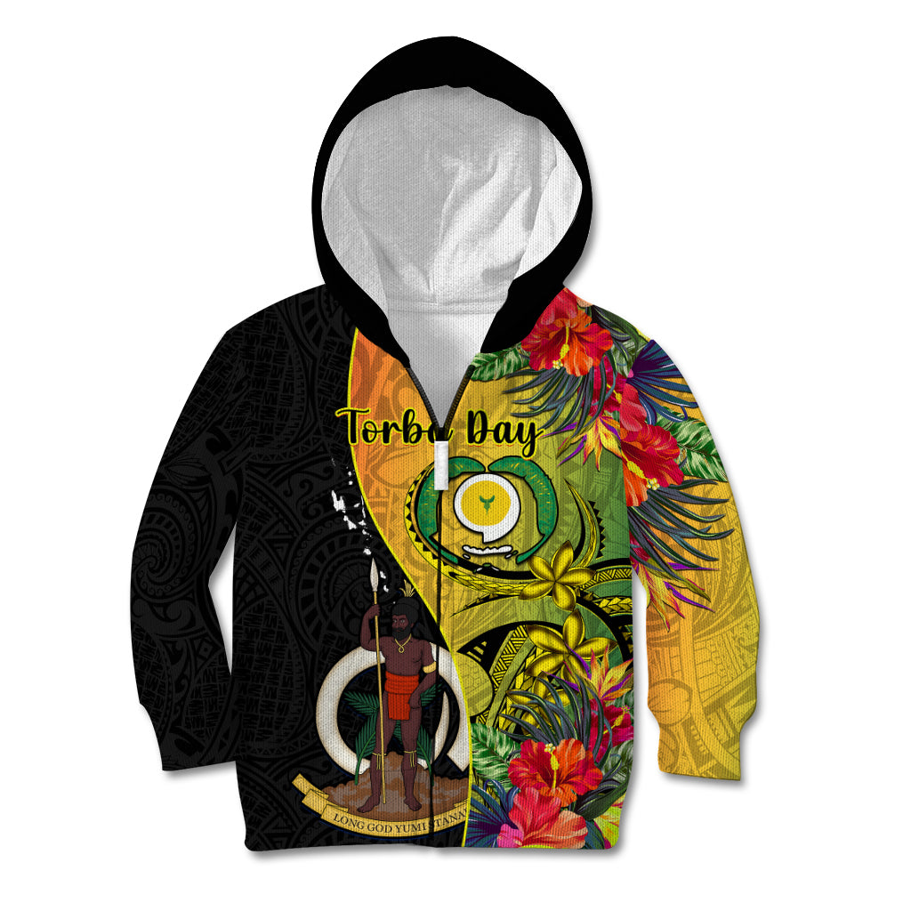 Vanuatu Torba Day Kid Hoodie Coat Of Arms Mix Tropical Flowers LT14 Zip Hoodie Black - Polynesian Pride
