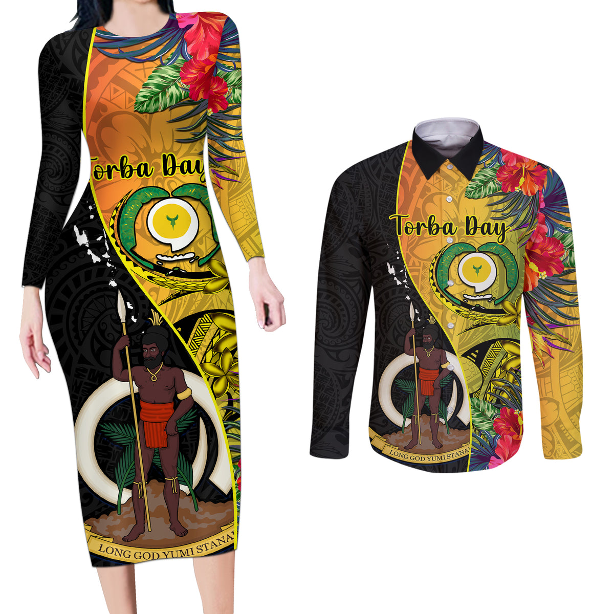 Personalised Vanuatu Torba Day Couples Matching Long Sleeve Bodycon Dress and Long Sleeve Button Shirts Coat Of Arms Mix Tropical Flowers LT14 Black - Polynesian Pride