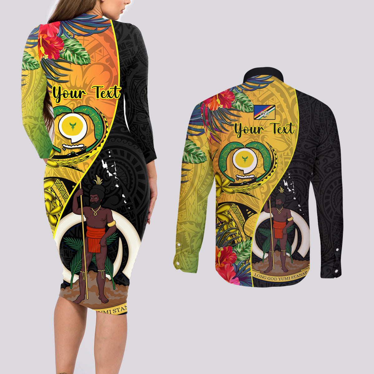Personalised Vanuatu Torba Day Couples Matching Long Sleeve Bodycon Dress and Long Sleeve Button Shirts Coat Of Arms Mix Tropical Flowers LT14 - Polynesian Pride