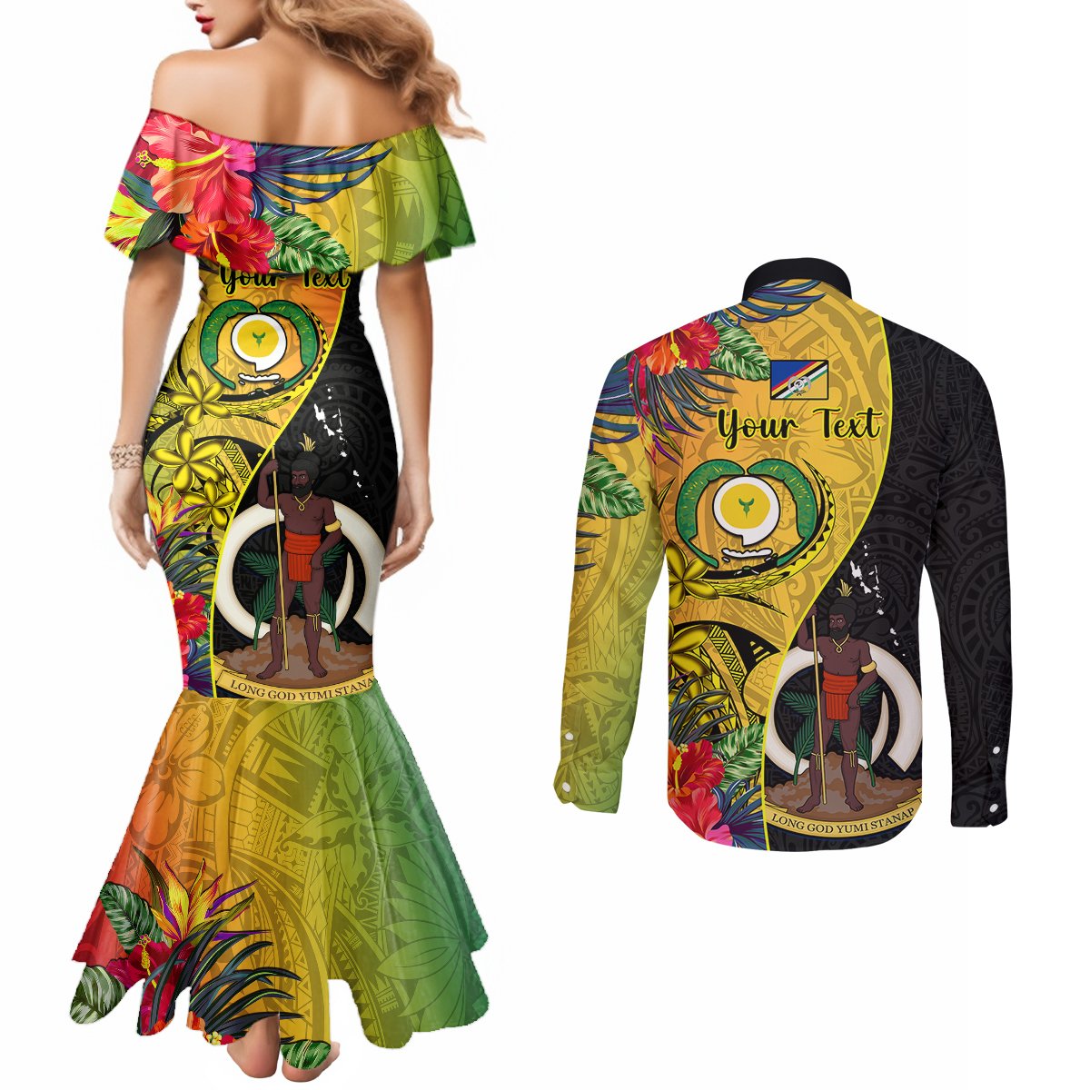 Personalised Vanuatu Torba Day Couples Matching Mermaid Dress and Long Sleeve Button Shirts Coat Of Arms Mix Tropical Flowers LT14 - Polynesian Pride