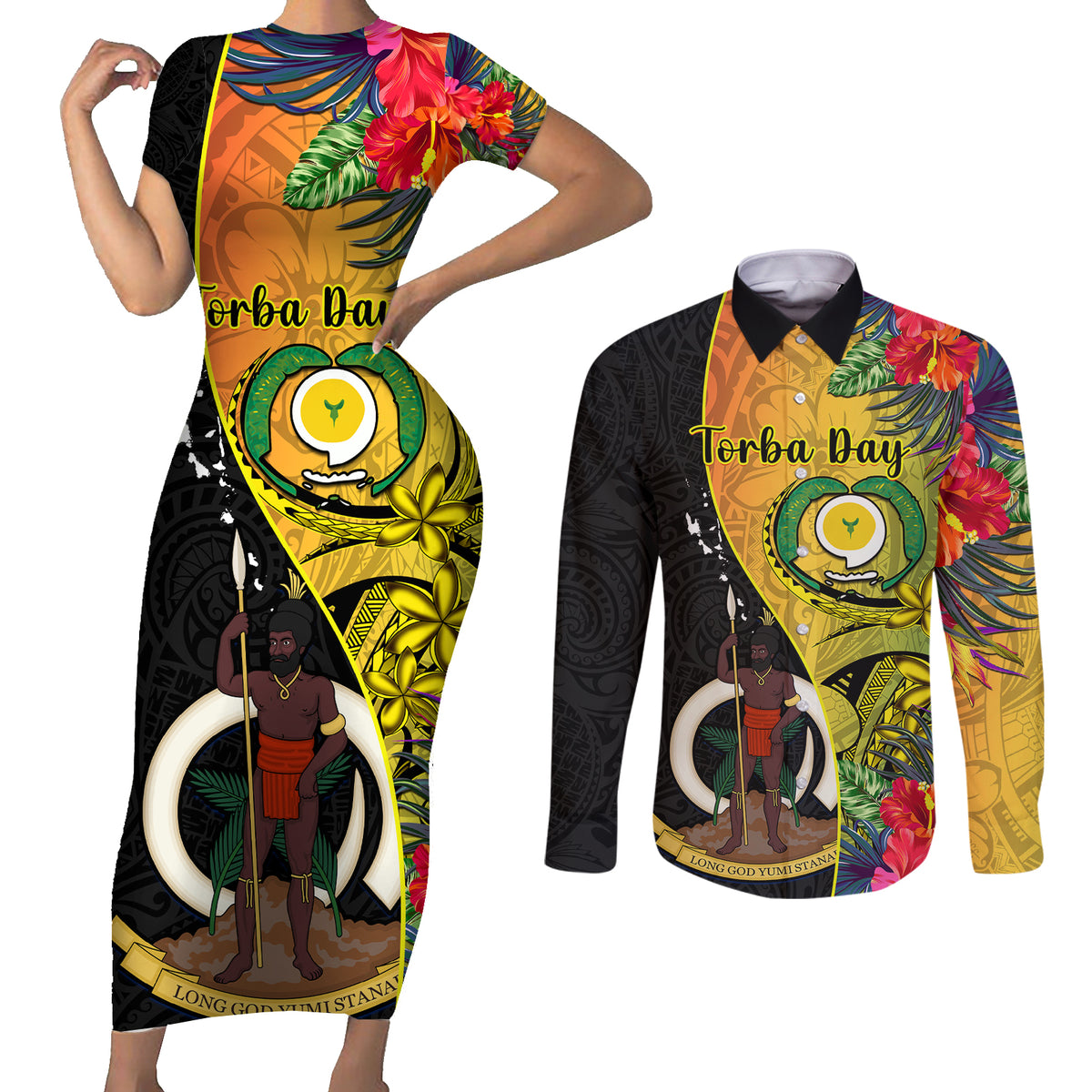 Personalised Vanuatu Torba Day Couples Matching Short Sleeve Bodycon Dress and Long Sleeve Button Shirts Coat Of Arms Mix Tropical Flowers LT14 Black - Polynesian Pride