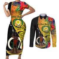 Personalised Vanuatu Torba Day Couples Matching Short Sleeve Bodycon Dress and Long Sleeve Button Shirts Coat Of Arms Mix Tropical Flowers LT14 Black - Polynesian Pride