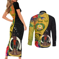 Personalised Vanuatu Torba Day Couples Matching Short Sleeve Bodycon Dress and Long Sleeve Button Shirts Coat Of Arms Mix Tropical Flowers LT14 - Polynesian Pride