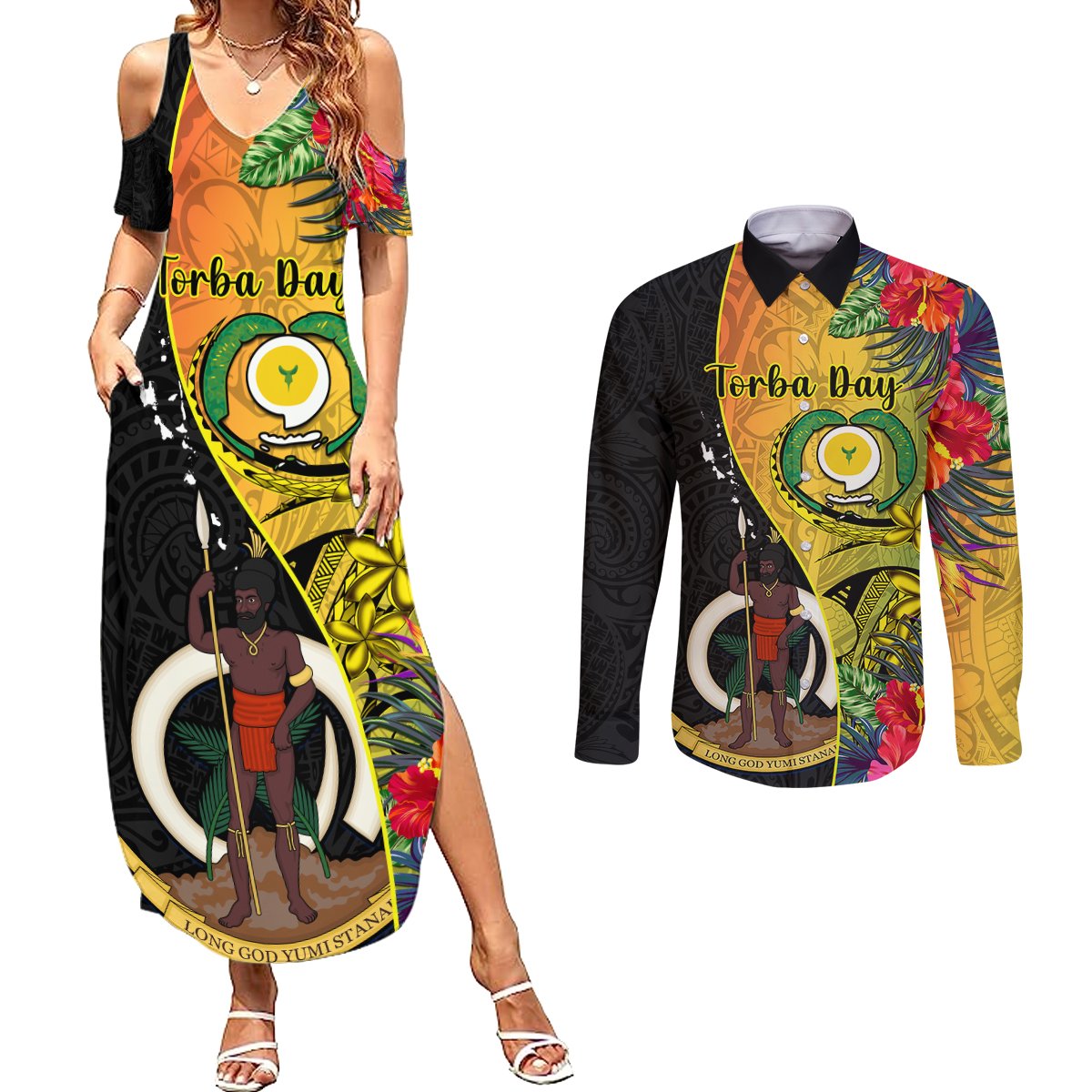 personalised-vanuatu-torba-day-couples-matching-summer-maxi-dress-and-long-sleeve-button-shirts-coat-of-arms-mix-tropical-flowers