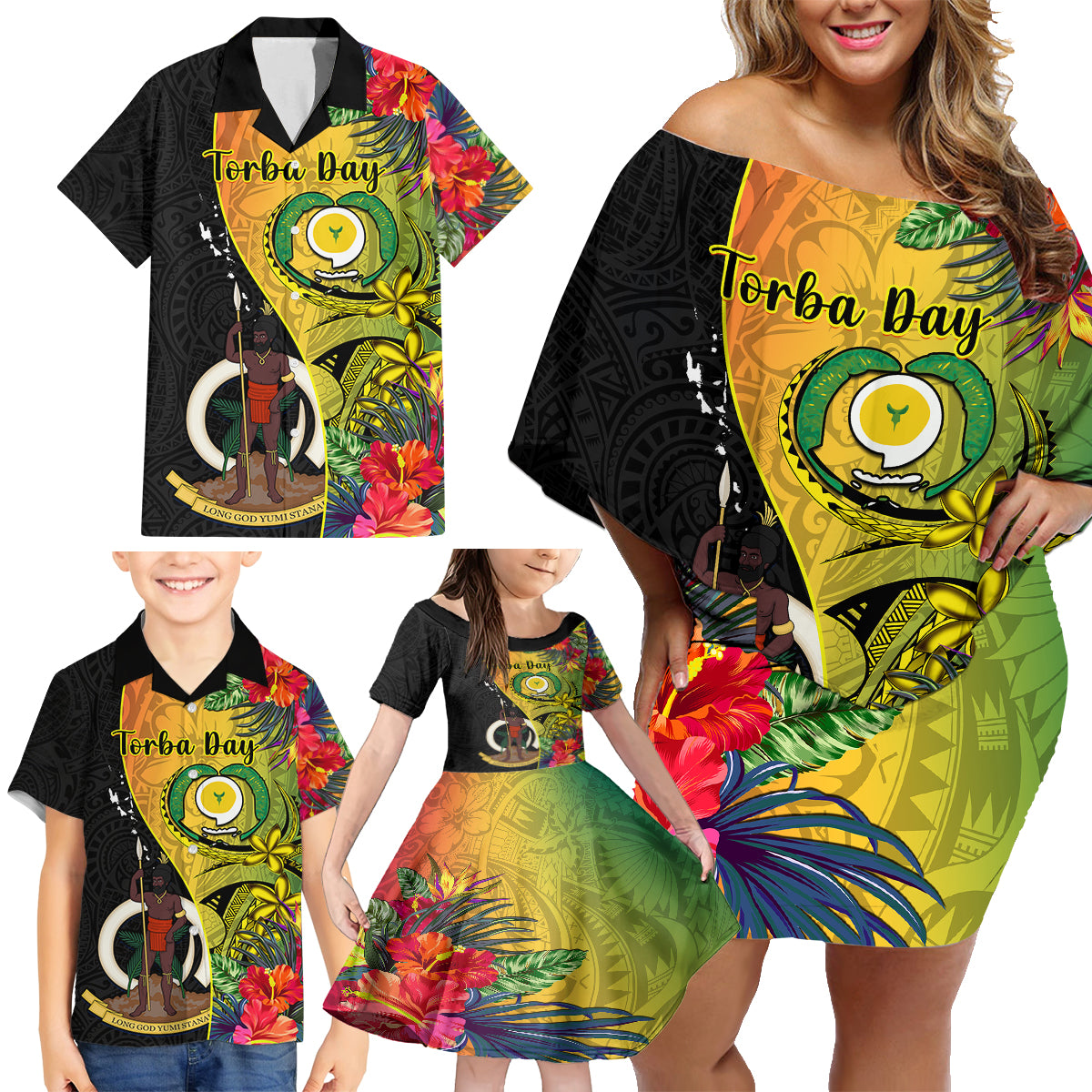 personalised-vanuatu-torba-day-family-matching-off-shoulder-short-dress-and-hawaiian-shirt-coat-of-arms-mix-tropical-flowers