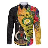 Personalised Vanuatu Torba Day Family Matching Puletasi Dress and Hawaiian Shirt Coat Of Arms Mix Tropical Flowers LT14 Dad's Shirt - Long Sleeve Black - Polynesian Pride