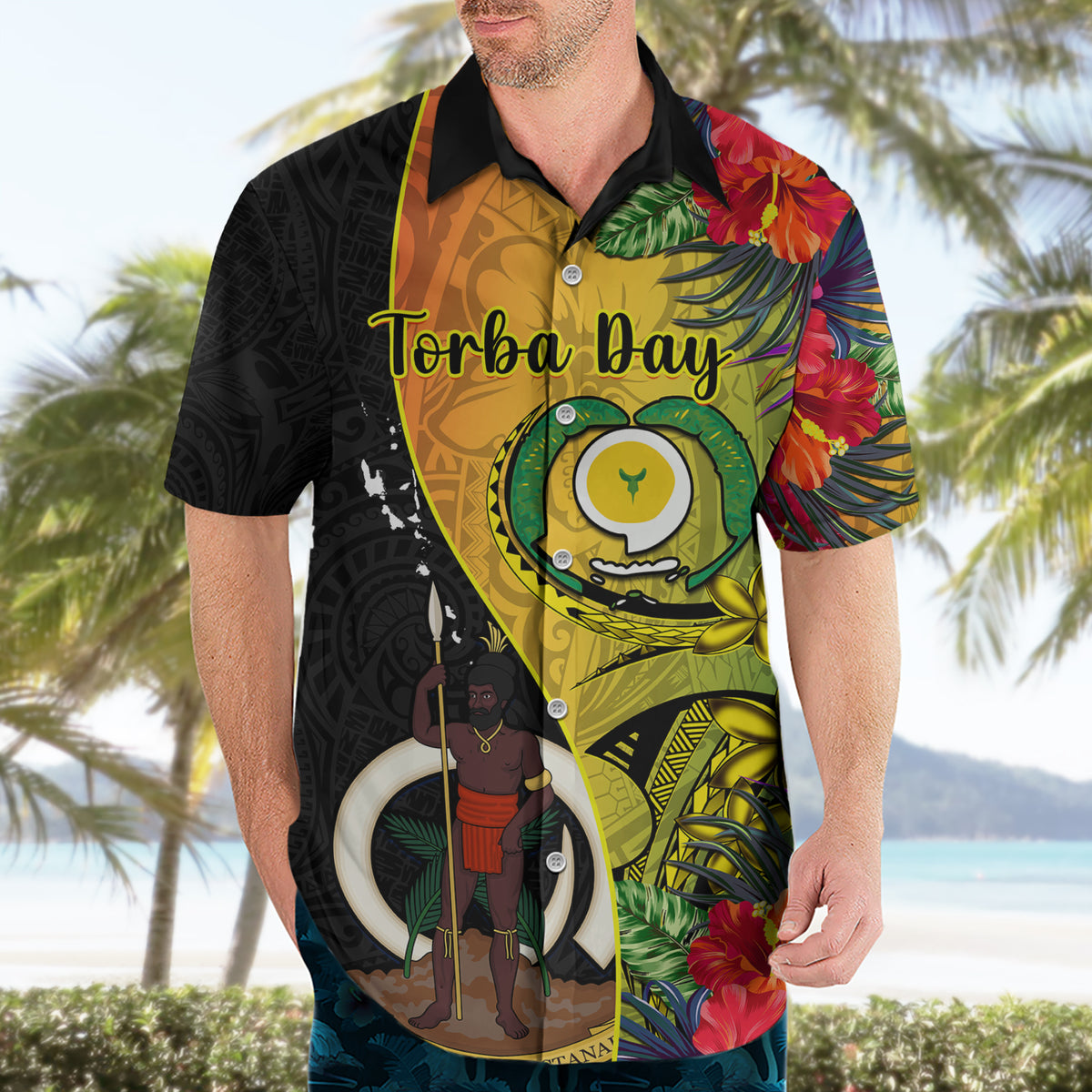personalised-vanuatu-torba-day-hawaiian-shirt-coat-of-arms-mix-tropical-flowers