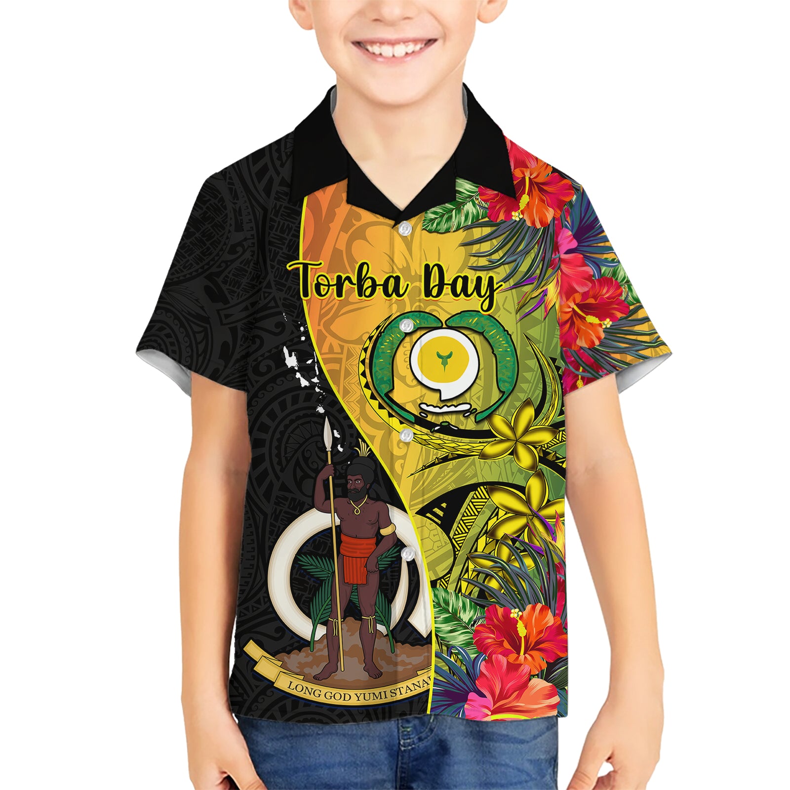 personalised-vanuatu-torba-day-kid-hawaiian-shirt-coat-of-arms-mix-tropical-flowers
